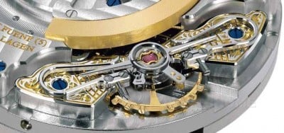Glashutte Original的雙鵝頸式微調，快慢針及游絲頭都由獨立的簧片跟螺絲微調。